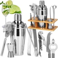 Zestaw barmański 9 elementów shaker 550 ml i podstawka bambusowa, zestaw do drinków srebrny