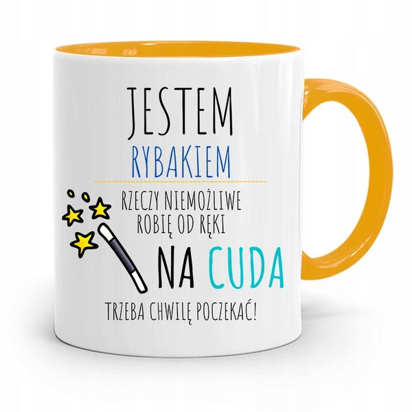 Kubek Żółty Wędkarza Na Cuda Trzeba Czekać Prezent Z Nadrukiem Ze Zdjęciem zdjęcie 1