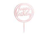 Topper akrylowy na tort, Happy Birthday - okrągły różowo złotym 11cm x 17cm