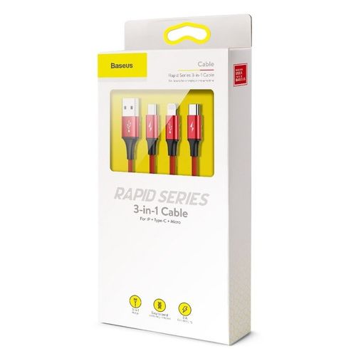 Kabel Usb Baseus Rapid 3W1 Typ C / Lightning / Micro 3A 1,2M - Czerwony na Arena.pl