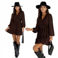 ELEGANCKA ROZKLOSZOWANA SUKIENKA MINI FALBANA - CZEKOLADA