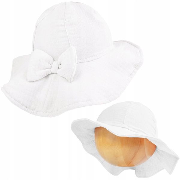 KAPELUSZ MUŚLINOWY Z KOKARDĄ letnia czapka dziecięca dla dziewczynki 48-50 zdjęcie 1