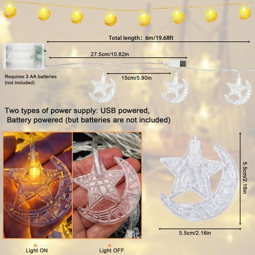 Lampki Ramadan Eid 6m 40 LED Ciepłe Gwiazdy i Księżyc z Timerem na USB na Arena.pl