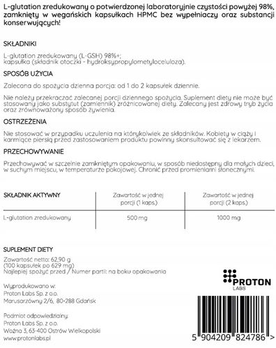 PROTON L-glutation zredukowany 98%+ PURE 500mg 100 kaps detoks oczyszczanie na Arena.pl