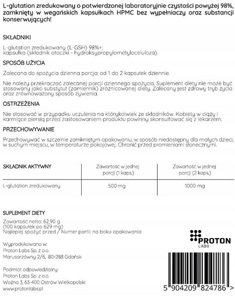 PROTON L-glutation zredukowany 98%+ PURE 500mg 100 kaps detoks oczyszczanie zdjęcie 2