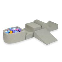 Piankowy plac zabaw z górką i z basenem micro jasnoszary + 100 piłek (jasny błękit, żółte, wrzos, pudrowy róż, białe)