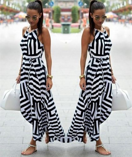 DŁUGA MODNA KOBIECA SUKIENKA MAXI W PASKI GRECKA DEKOLT RAMIĄCZKA WIĄZANA na Arena.pl