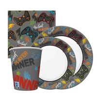 Zestaw komplet zastawy Gamer - kubeczki, talerzyki, serwetki