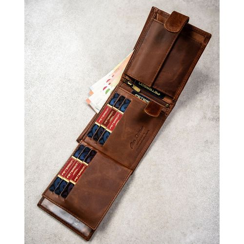 brązowy, skórzany portfel męski wyposażony w system rfid i zamykany na Arena.pl