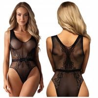 Body Damskie Koronkowe z Siateczki Obsessive z Dziurką B115 S/L Czarne