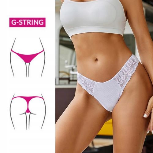 5x WYGODNE BAWEŁNIANE PRĄŻKOWANE STRINGI Z KORONKĄ S/M na Arena.pl