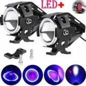 2Xhalogen Motocyklowy U7 +Ring Blue+Włącznik Black