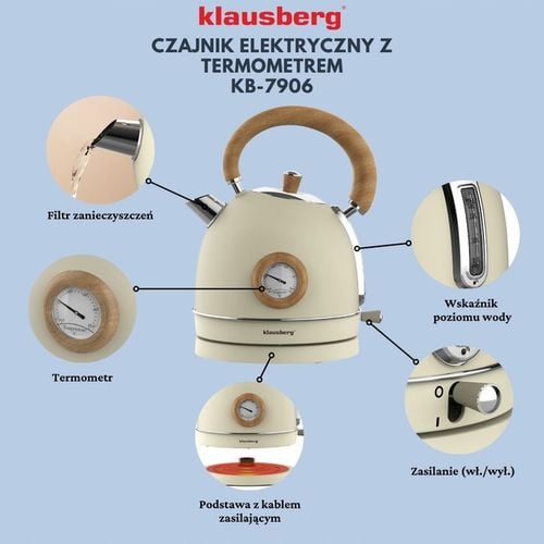 Czajnik elektryczny 1,8L Klausberg KB-7906 RETRO z Termometrem Beżowy na Arena.pl