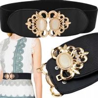 Pasek Damski Elastyczny Czarny Złoty Szeroki Do Sukienki Guma Na Talię