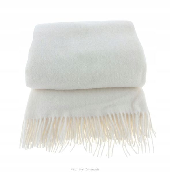 Koc wełniany z frędzlami 150x200 DIAGONAL wełna nowozelandzka ekri zdjęcie 1