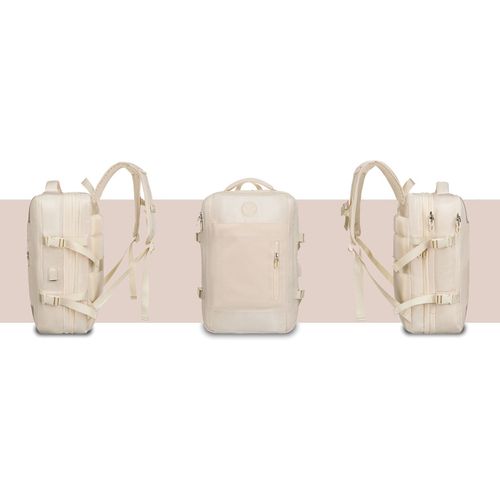 praktyczny plecak podróżny w kolorze ecru, wyposażony w siatkowaną na Arena.pl