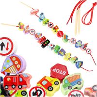 Klocki Drewniane Nawlekanka Przeplatanka Edukacyjna Pojazdy Znaki Drogowe