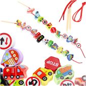 Klocki Drewniane Nawlekanka Przeplatanka Edukacyjna Pojazdy Znaki Drogowe