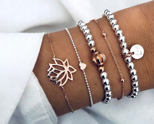 Zestaw 5 Bransoletek Srebrnych Złotych Liść Serce na Arena.pl