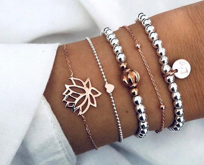 Zestaw 5 Bransoletek Srebrnych Złotych Liść Serce zdjęcie 2