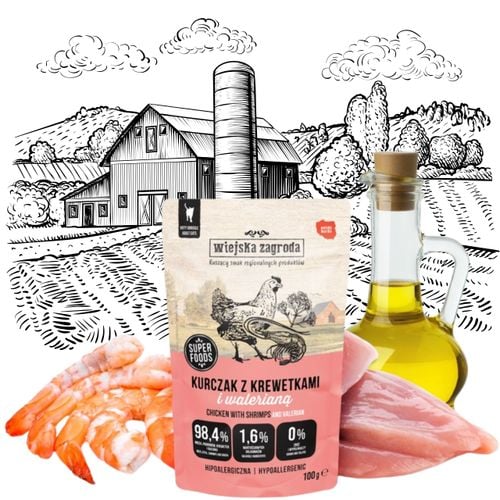 karma mokra dla kota kurczak z krewetkami i waleriana 100g wiejska zagroda na Arena.pl