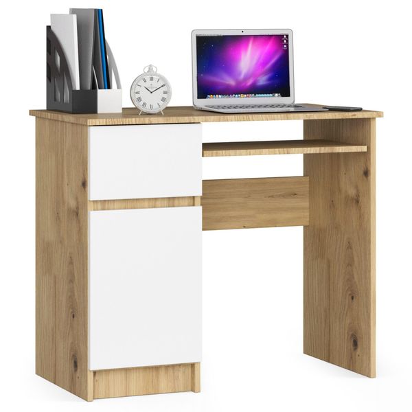Biurko komputerowe 90 cm Piksel lewe - dąb artisan-białe zdjęcie 1