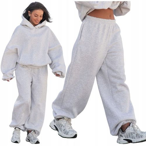Spodnie dresowe bawełniane damskie baggy szerokie oversize szary melanż na Arena.pl