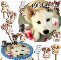 ZESTAW OPŁATEK NA TORT 20CM + TOPPERY PAPIEROWE - PIES PSY PIESEK 15CM 18CM