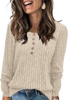 Sweter Damski Dzianinowy Henley Luźny Beżowy Długi Rękaw Rozmiar M