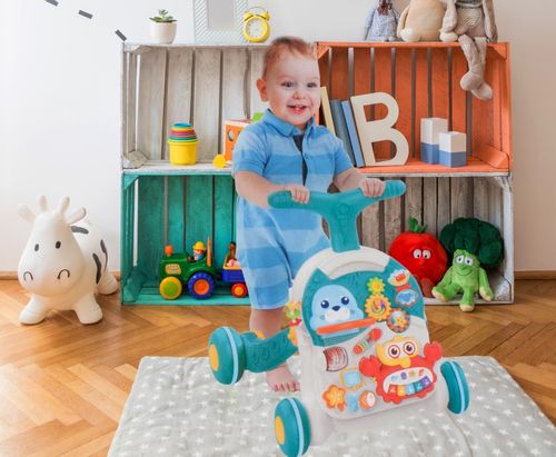 Chodzik Pchacz Stolik Edukacyjny Panel Koszyk 5W1 - Niebieski na Arena.pl