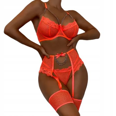Piękny KOMPLET Bielizny Damskiej STANIK STRINGI Podwiązki POMARAŃCZ L zdjęcie 3