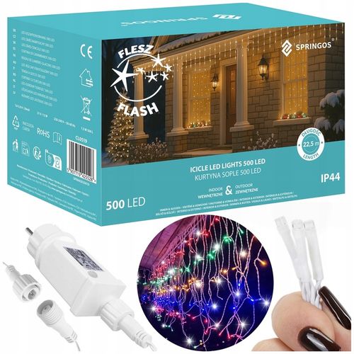 KURTYNA 500led SOPLE LAMPKI ZEWNĘTRZNE +FLASH MULTIKOLOR OŚWIETLENIE 22,5M na Arena.pl