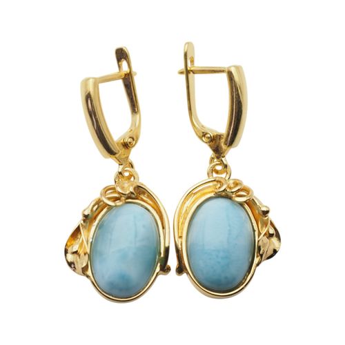 Kolczyki - larimar owal w srebrze złoconym z liśćmi 1 na Arena.pl