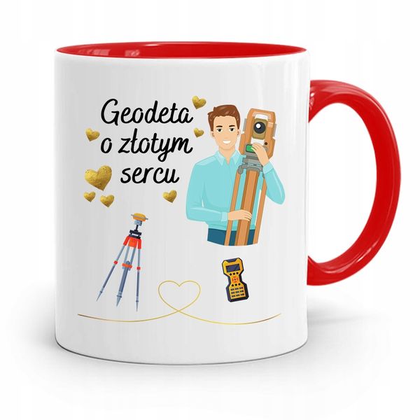 Kubek Czerwony Dla Geodety Geodeta O Złotym Sercu Z Nadrukiem Ze Zdjęciem zdjęcie 1