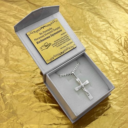 SREBRNY ŁAŃCUSZEK KOMUNIJNY + DUŻY KRZYŻYK JEZUS 925 / DLA CHŁOPCA + GRAWER na Arena.pl