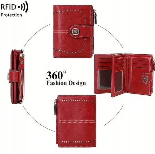 PORTFEL DAMSKI ELEGANCKI MAŁY POJEMNY NA KARTY RFID Z PASKIEM CZERWONY na Arena.pl