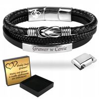 Bransoletka Męska Czarna ze Skóry Srebrna GRAWER Prezent Dla Męża Chłopaka