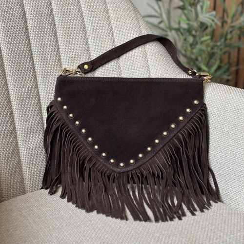 Torebka Listonoszka z ćwiekami ZAMSZ NATURALNY BOHO CZEKOLADA Vera Pelle na Arena.pl