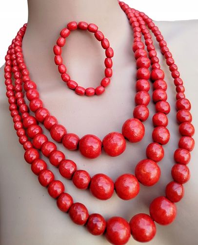 GÓRALSKIE CZERWONE KORALE DREWNIANE ZESTAW FOLK POTRÓJNE STOPNIOWANE LUDOWE na Arena.pl