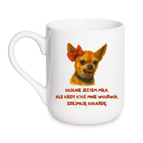 KUBEK "OGÓLNIE JESTEM MIŁA, ALE JAK KTOŚ MNIE WKURWI, ZDEJMUJĘ KOKARDĘ" Wzór - Elegant Coffee 330 ml na Arena.pl