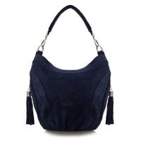 VERA PELLE torebka zamszowa worek z frędzelkami i paskiem V322 granatowa