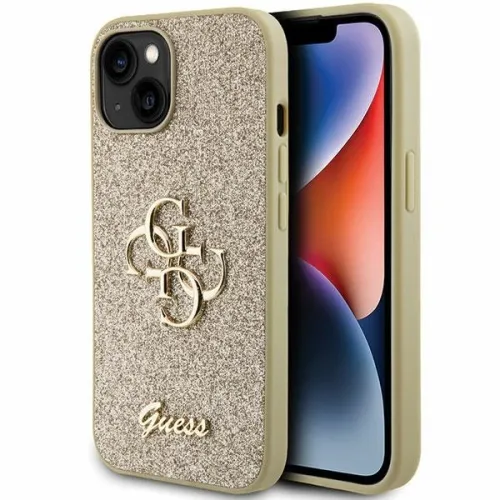 Etui Guess Glitter Script Big 4G na iPhone 15 - złote na Arena.pl