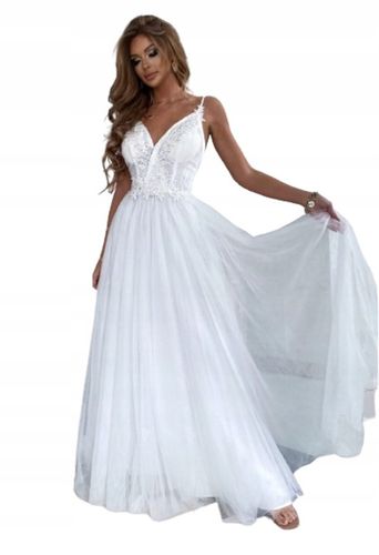 Ilona BIAŁA DŁUGA SUKIENKA z GIPIURĄ ślubna M na Arena.pl