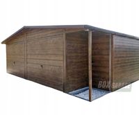 GARAŻ BLASZANY 7m x 7m + wnęka dwuspad - 2x Brama + drzwi - Rynny - ciemny orzech drewnopodobny BOX24 7x7