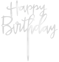 Topper na tort Happy Birthday lustrzany srebrny 1szt