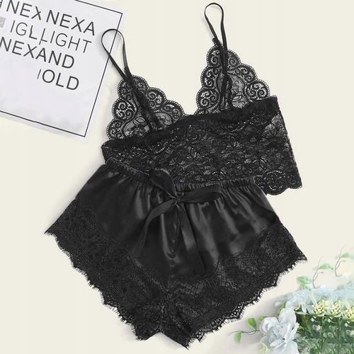 SATYNOWY KOMPLET SEXY BIELIZNA PIŻAMA TOP KOSZULKA NOCNA KORONKA SPODENKI na Arena.pl