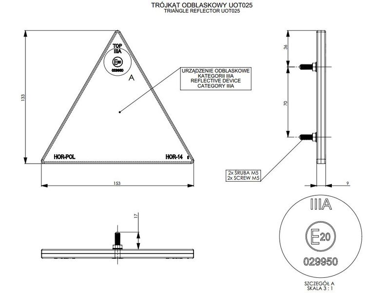 Trójkąt odblask czerwony na 2 śruby (UOT025) zdjęcie 2
