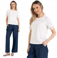 Damska Bluzka 100% Bawełniana Gładka z Koronkowym Rękawem BIAŁA MORAJ L