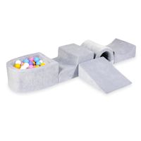 Piankowy plac zabaw z mostkiem i z basenem micro Velvet soft jasnoszary + 100 piłek (jasny błękit, żółte, wrzos, pudrowy róż, białe)