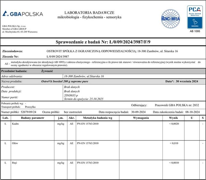 OstroVit Supreme Pure Inositol 200 g MIO-INOZYTOL WITAMINA B8 Bez dodatków zdjęcie 4